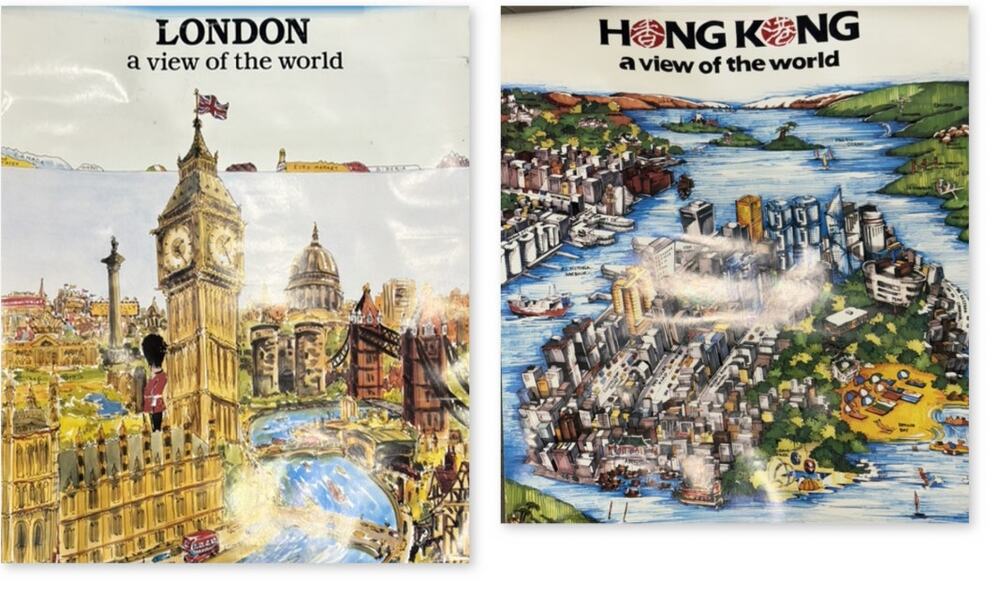 2 Vintage Harvey Hutter A View of the World Posters London Hong Kong 1988